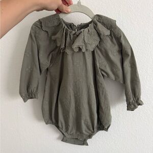 Rylee + Cru Olive Green Embroidered Ruffle Romper